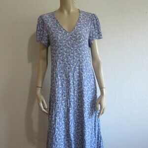 MNG Blue & White Floral V-Neck 6 Pullover Short Sleeve Tie Back Midi Dress